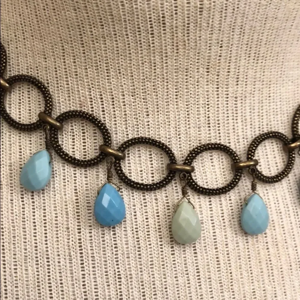Premier Designs Caribbean Antique Goldtone - Bronze Chain Necklace Blue Beads